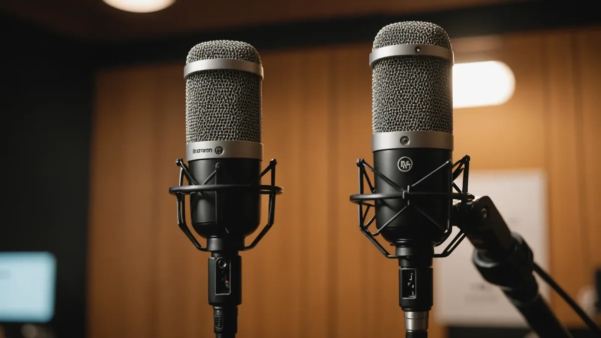 Podcast studio microphone and mixer setup.